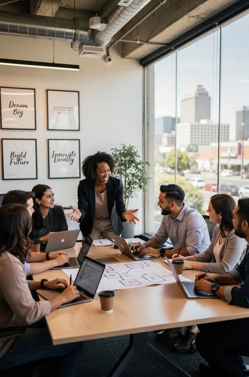 A diverse group of professionals collaborating in a modern office space with digital devices showcasing automation dashboards.