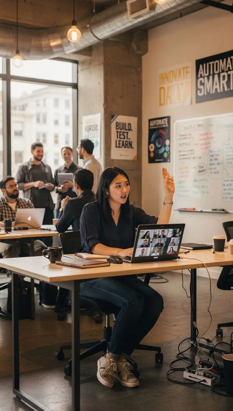 Close-up of a professional using automation software on a laptop to streamline business workflows in a modern office setting.