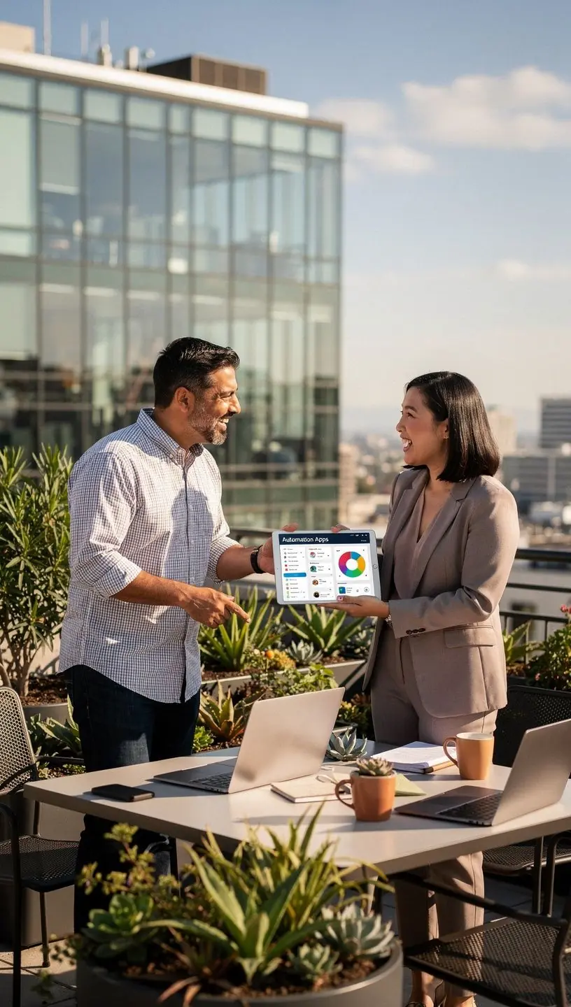 Close-up of a person using a laptop displaying automation software with charts and workflow diagrams on screen in a modern office setting